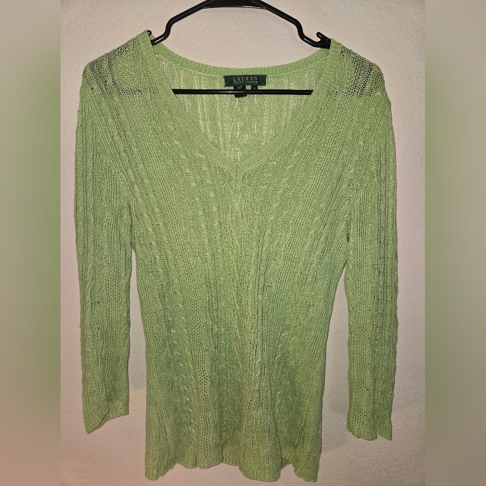 Polo Ralph Lauren Women's Small Green 100% Linen Mesh Knit Long Sleeve Sweater